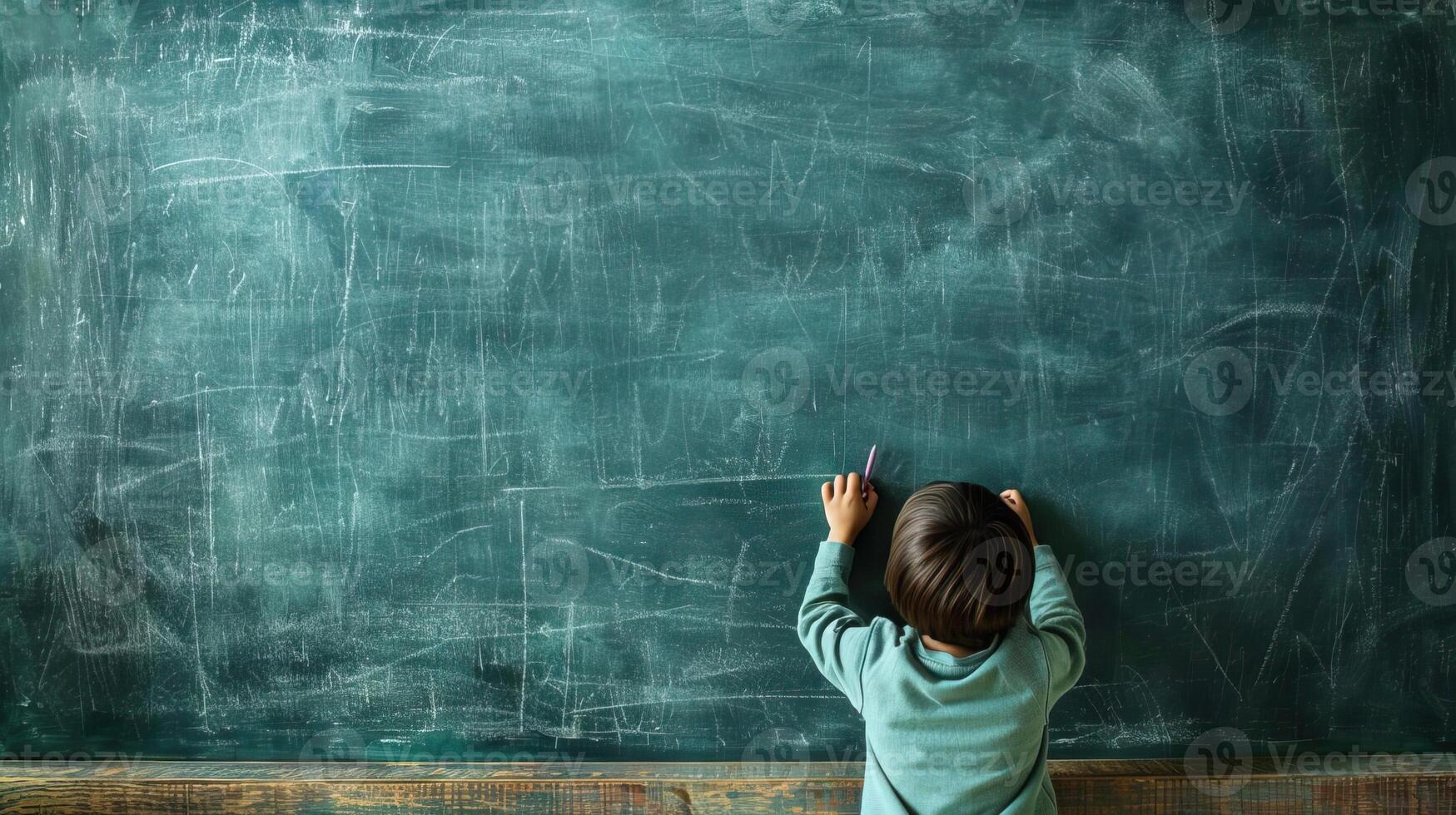 a student studying a curriculum, writing on a chalkboard, in a bright and interactive educational environment, perfect for editorial advertising, with empty copy space on the side photo