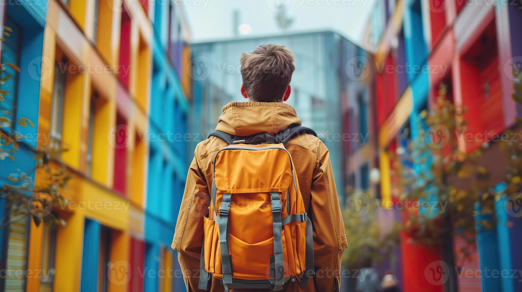 Student making a comeback to campus, back to school concept, editorial advertising photography, vibrant and energetic atmosphere, empty copy space for text on side photo