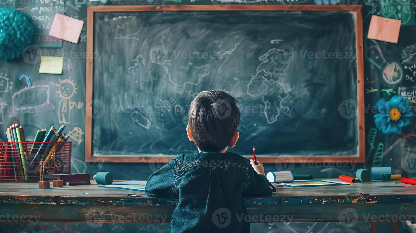 a student engaging with a curriculum in front of a chalkboard photo