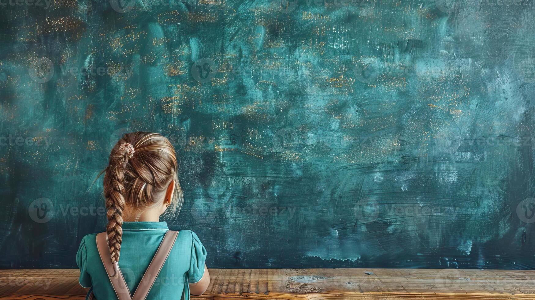 Student engaged with curriculum in front of a chalkboard photo