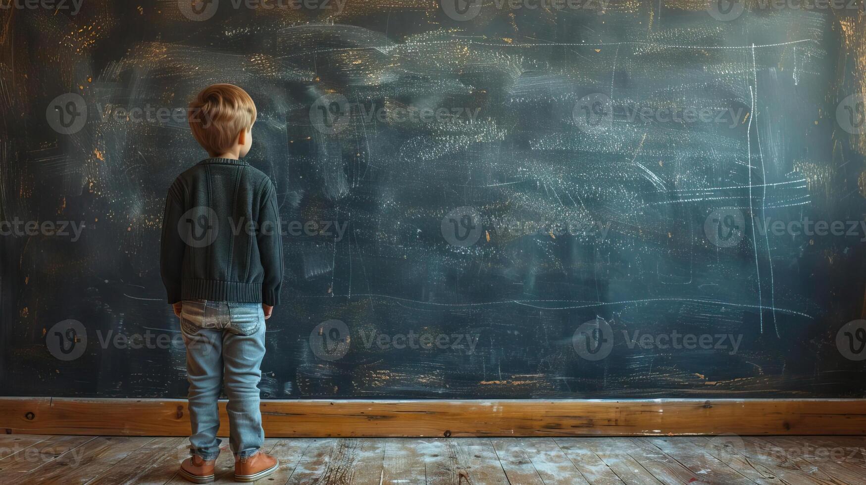 Student engaged with curriculum in front of a chalkboard photo