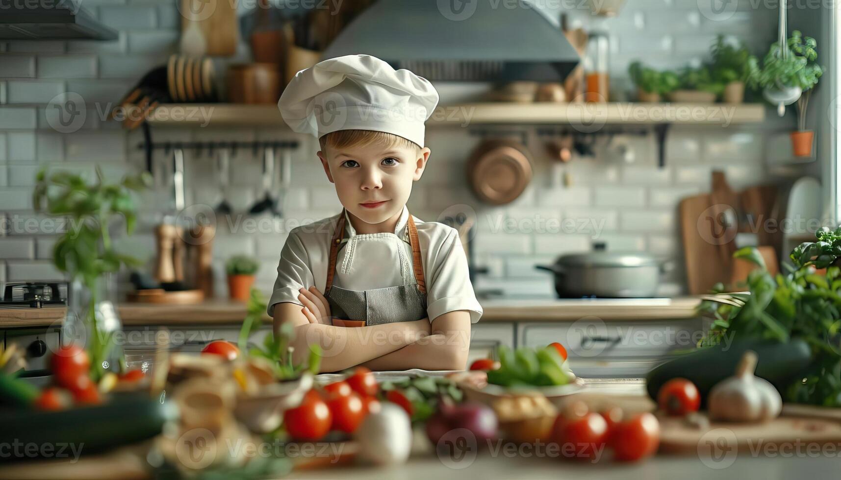 Editorial advertising photography of a kid in a cuisine workshop, educational theme, dynamic and modern kitchen, empty copy space for text on side photo