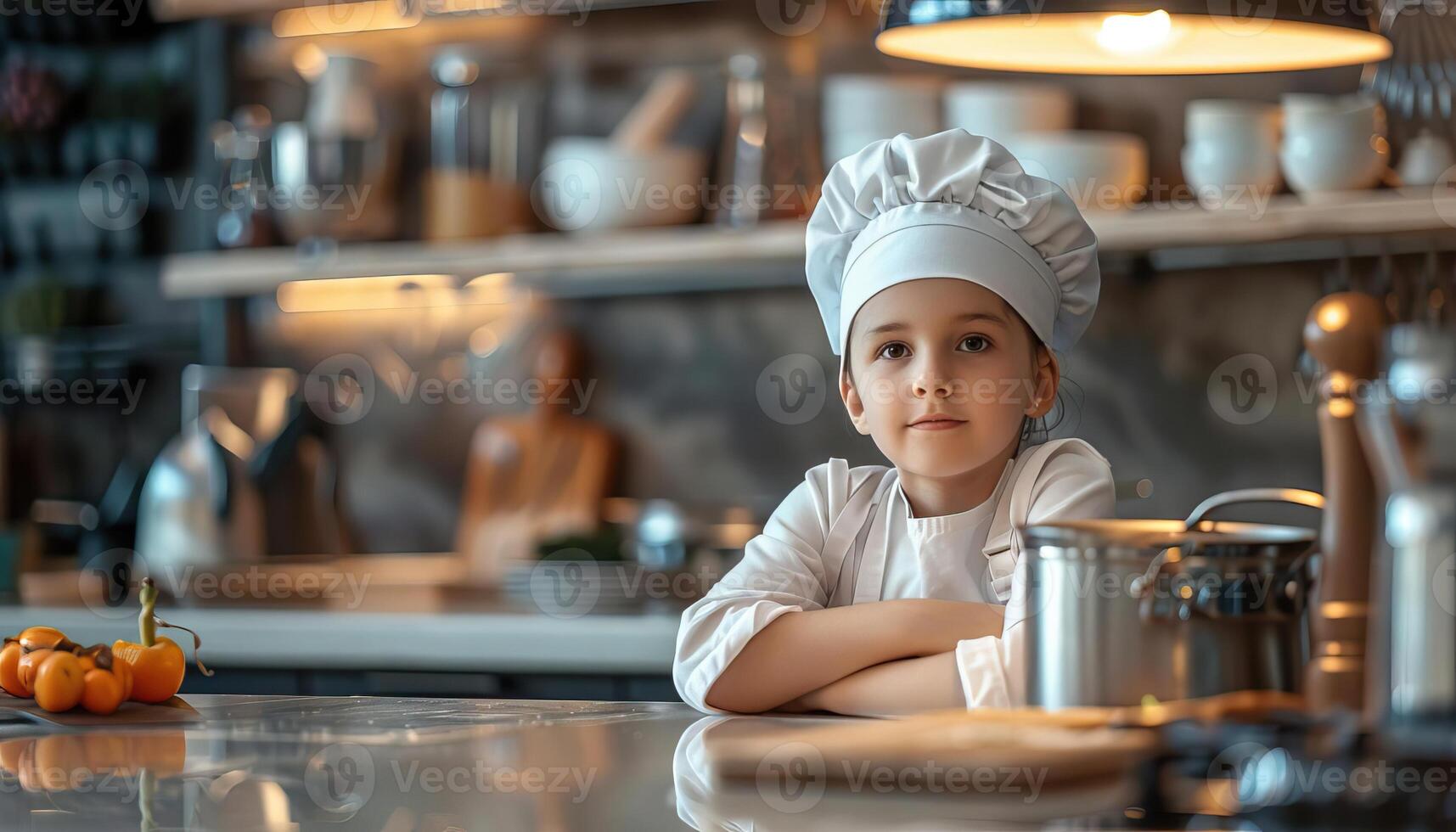 Editorial advertising photography of a kid in a cuisine workshop, educational theme, dynamic and modern kitchen, empty copy space for text on side photo
