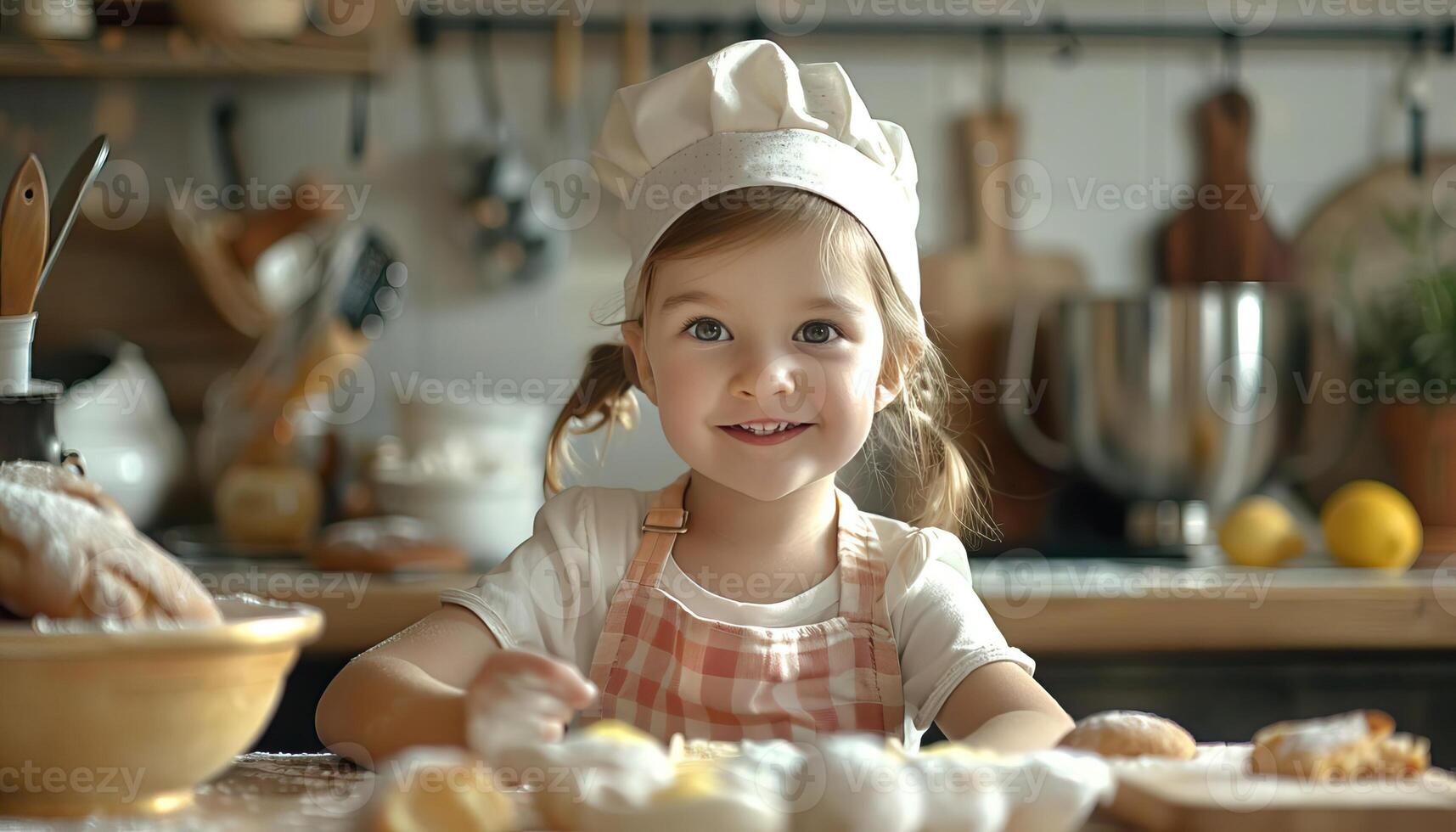 Child learning to bake, educational concept, editorial advertising photography, vibrant and inviting kitchen environment, empty copy space for text on side photo
