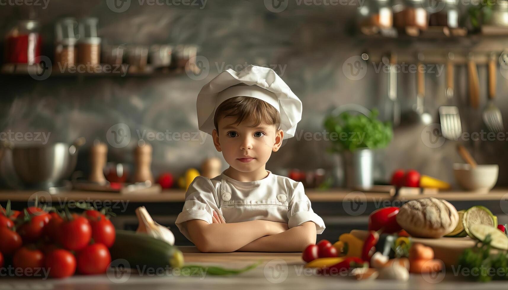 A kid participating in a cuisine workshop, educational concept, editorial advertising photography, vibrant and interactive kitchen setting, empty copy space for text on side photo