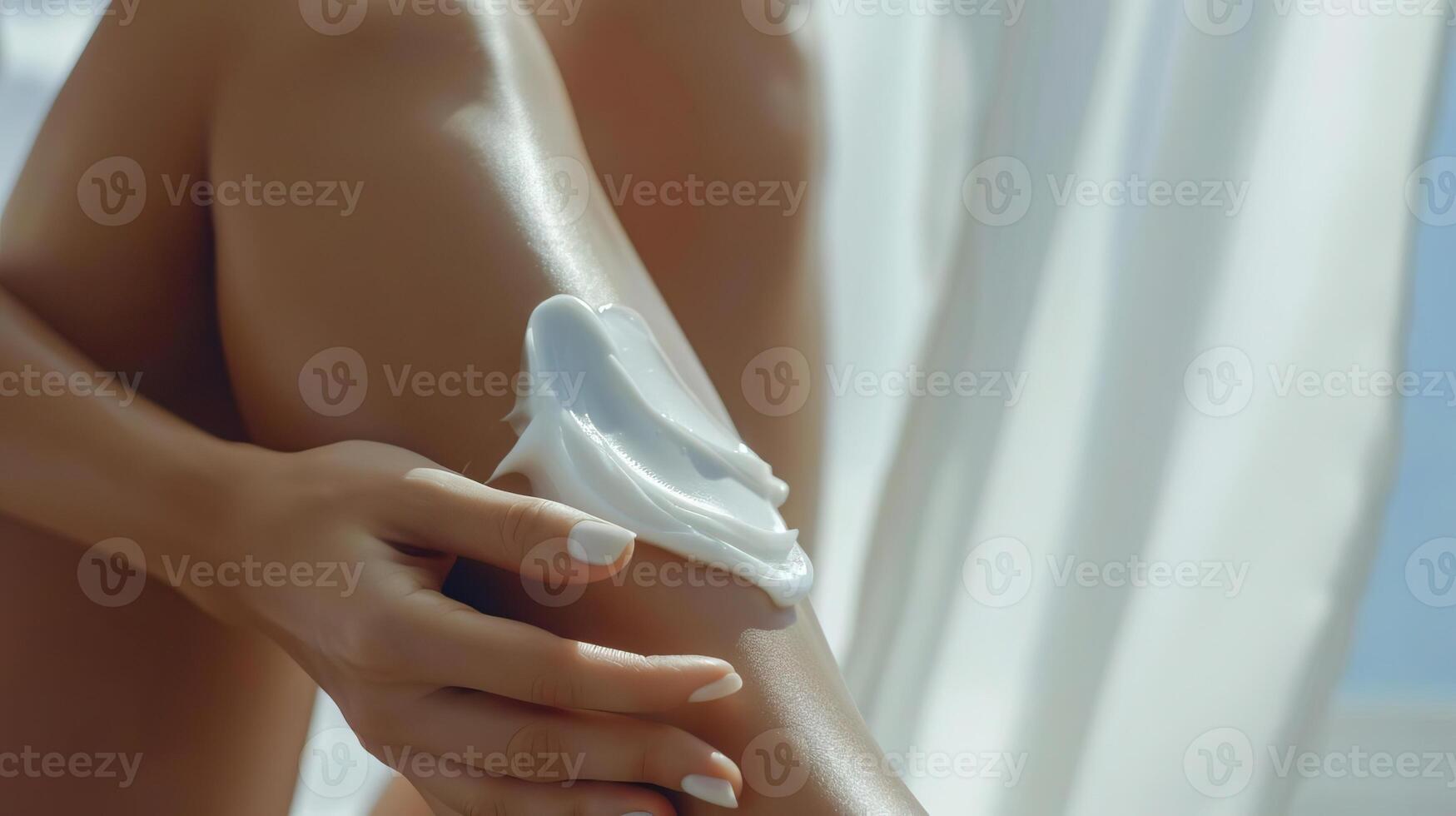 Closeup of a womans legs as she applies moisturizing cream photo