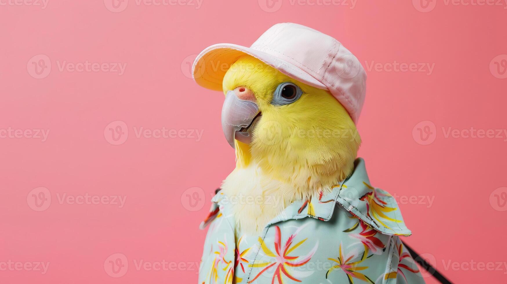 Portrait photography of a cute little animal athlete, smiling cute little parrot in a rhythmic gymnastics outfit with a ribbon on pastel Pale Blue color background, editorial style photo