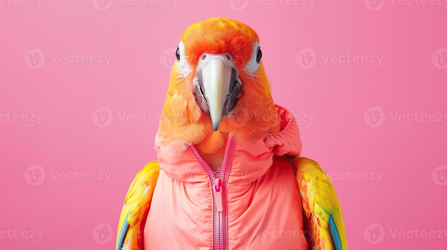 Portrait photography of a cute little animal athlete, smiling cute little parrot in a rhythmic gymnastics outfit with a ribbon on pastel Pale Blue color background, editorial style photo