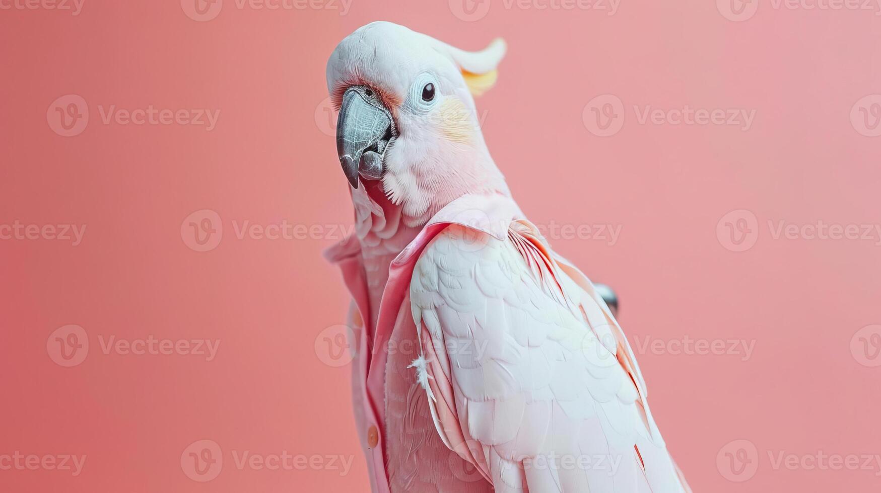 Portrait photography of a cute little animal athlete, smiling cute little parrot in a rhythmic gymnastics outfit with a ribbon on pastel Pale Blue color background, editorial style photo