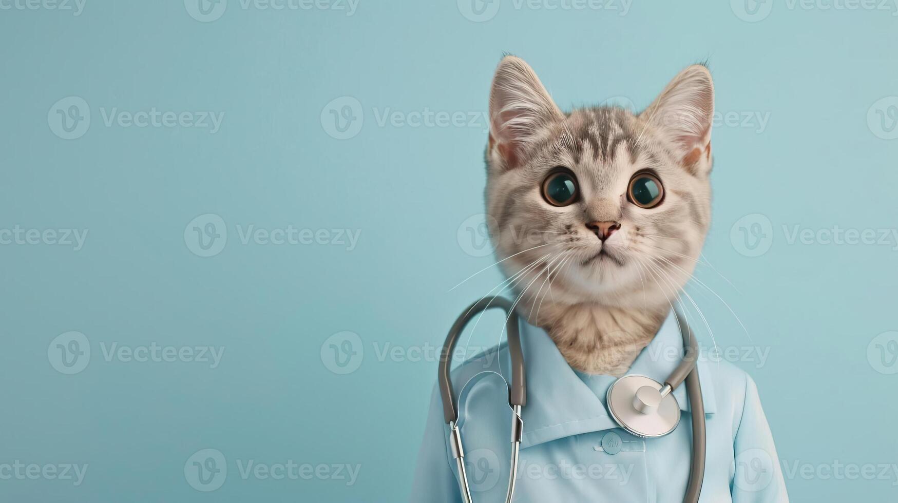 Portrait photography of a cute cat little professional, smiling cute cat little Nurse Practitioner with a stethoscope, , on plain pastel Pale Blue color background, editorial style photo