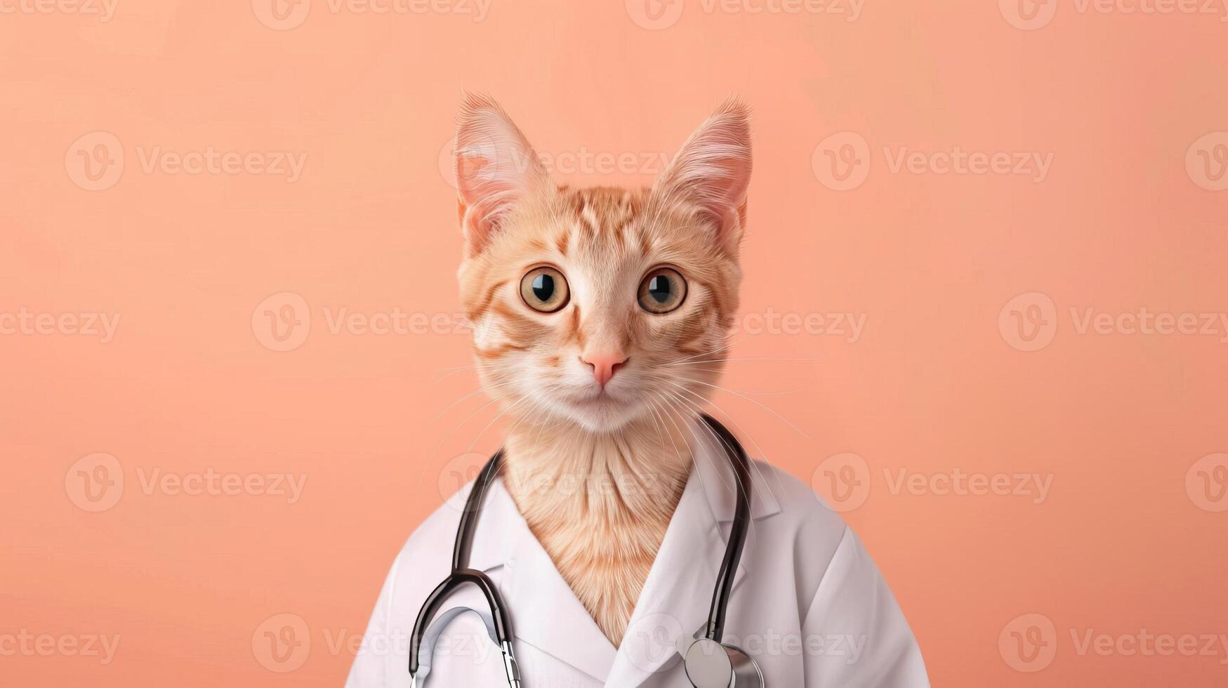 Portrait photography of a cute cat little professional, smiling cute cat little Nurse Practitioner with a stethoscope, , on plain pastel Pale Blue color background, editorial style photo