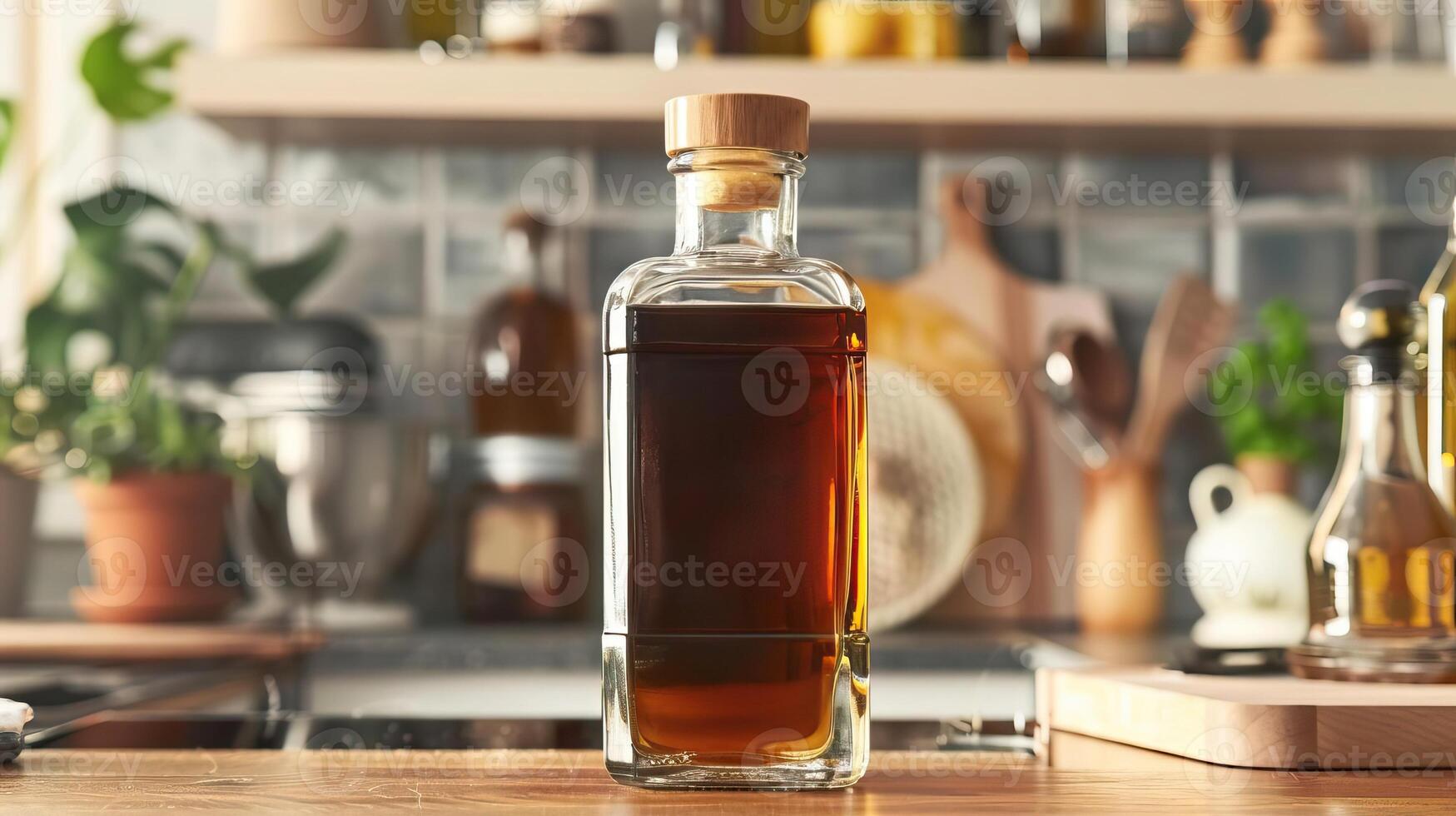 Closeup of a vanilla extract bottle in a kitchen. photo