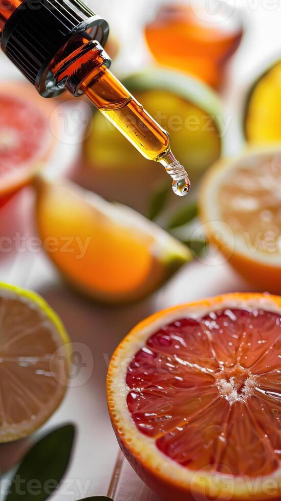 Closeup of a dropper bottle with citrus extract. photo