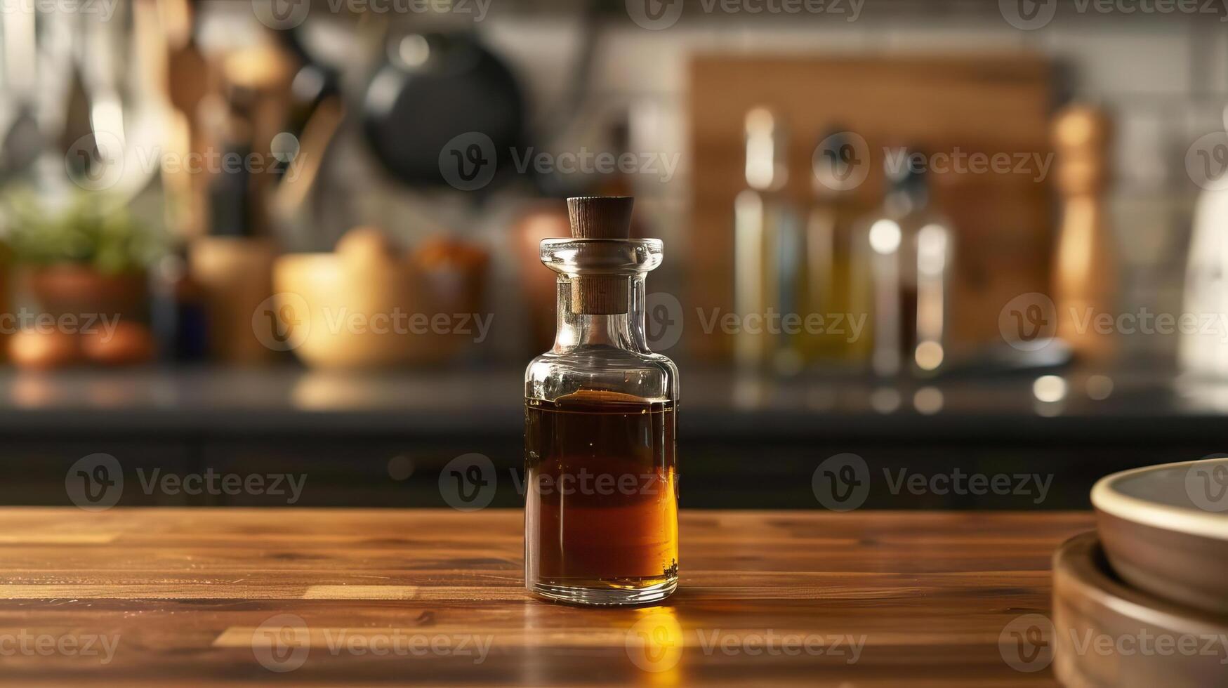 Closeup of a vanilla extract bottle in a kitchen. photo