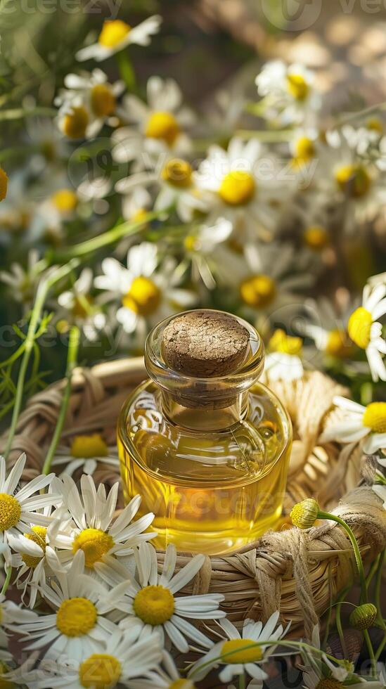 Closeup of chamomile extract with fresh blooms. photo