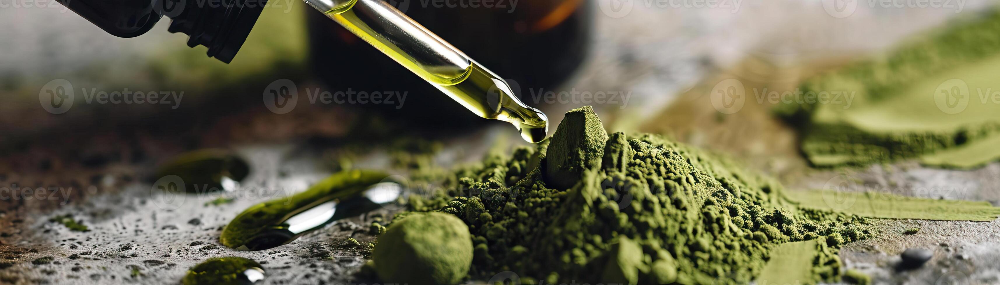 Closeup of matcha extract in a dropper bottle. photo