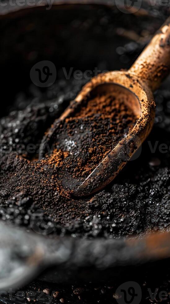 Closeup of coffee extract with coffee grounds. photo