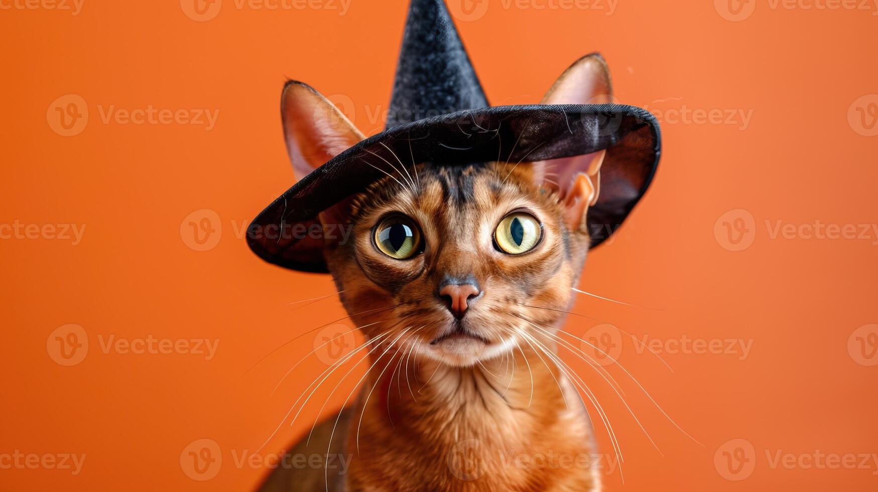 happy cheerful Abyssinian cat wearing pointed witch hat set against orange background photo