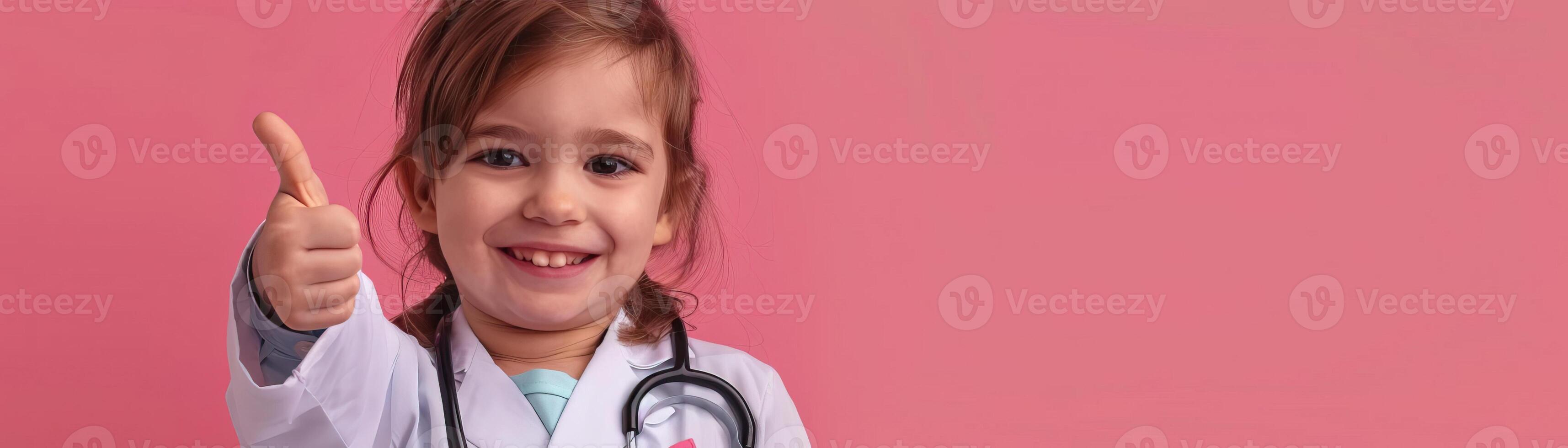 Portrait photography of a cute little professional, smiling cute little Nurse Practitioner with a stethoscope, showing thumb-up, on Pale Blue color background, editorial style photo