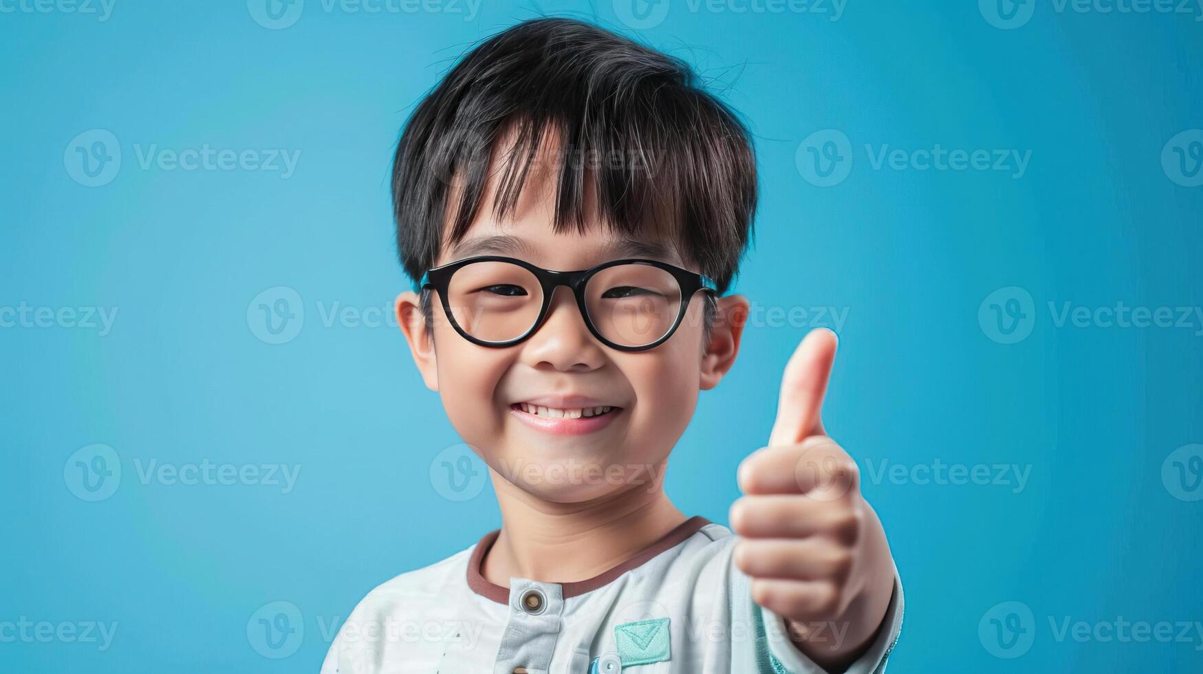 Portrait photography of a cute little professional, smiling cute little Nurse Practitioner with a stethoscope, showing thumb-up, on Pale Blue color background, editorial style photo