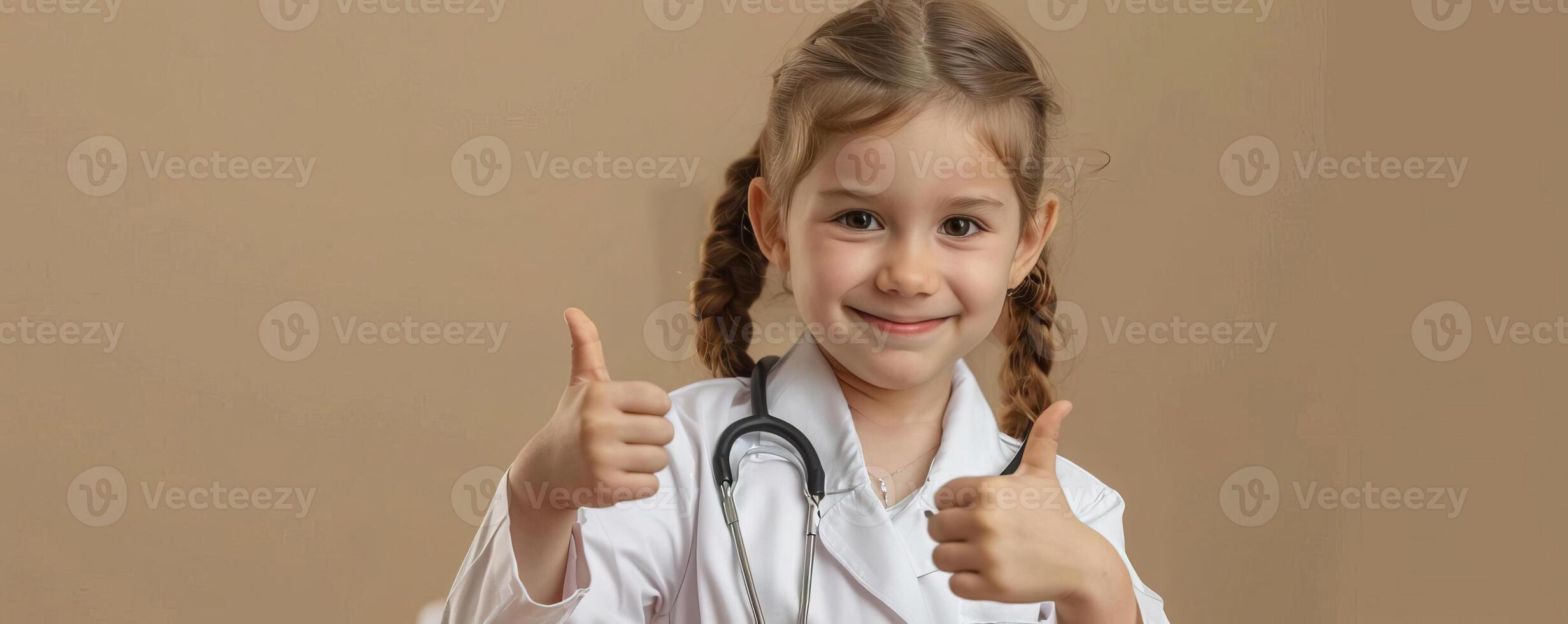 Portrait photography of a cute little professional, smiling cute little Nurse Practitioner with a stethoscope, showing thumb-up, on Pale Blue color background, editorial style photo