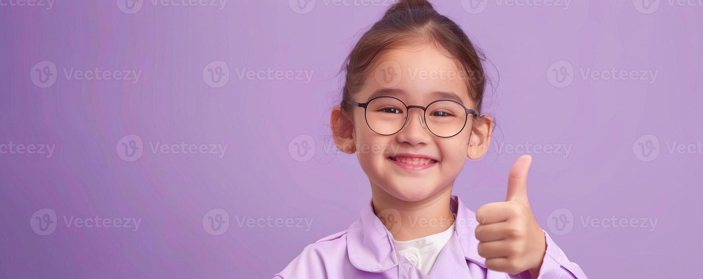 Portrait photography of a cute little professional, smiling cute little Nurse Practitioner with a stethoscope, showing thumb-up, on Pale Blue color background, editorial style photo