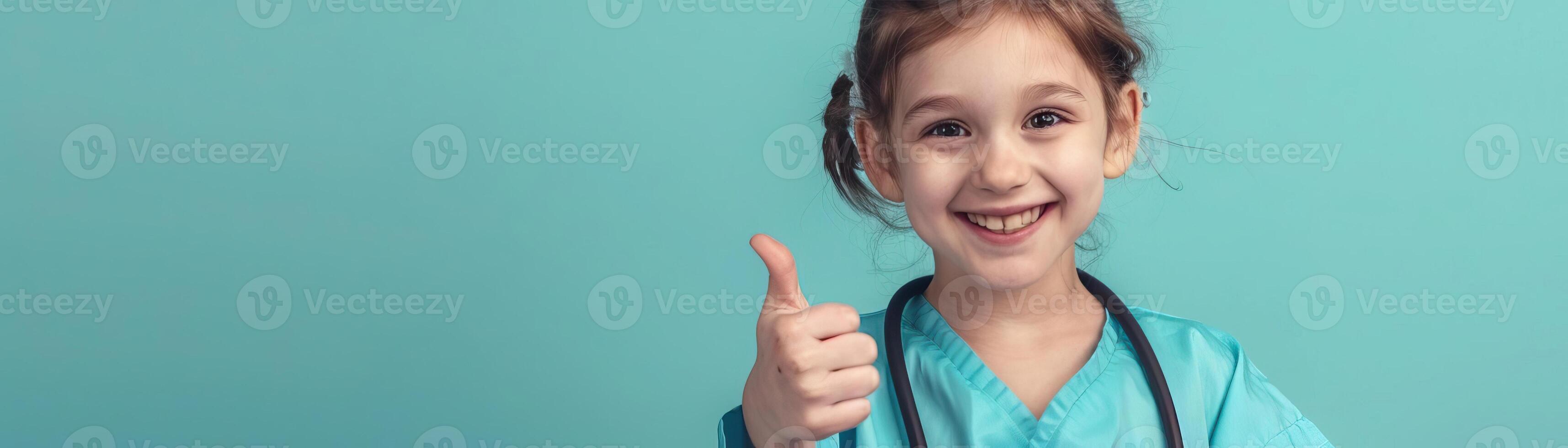 Portrait photography of a cute little professional, smiling cute little Nurse Practitioner with a stethoscope, showing thumb-up, on Pale Blue color background, editorial style photo