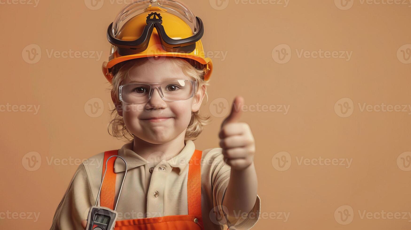 Portrait photography of a cute little professional, smiling cute little Nurse Practitioner with a stethoscope, showing thumb-up, on Pale Blue color background, editorial style photo