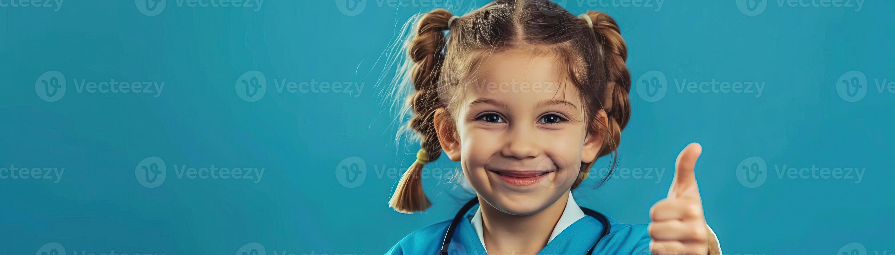 Portrait photography of a cute little professional, smiling cute little Nurse Practitioner with a stethoscope, showing thumb-up, on Pale Blue color background, editorial style photo