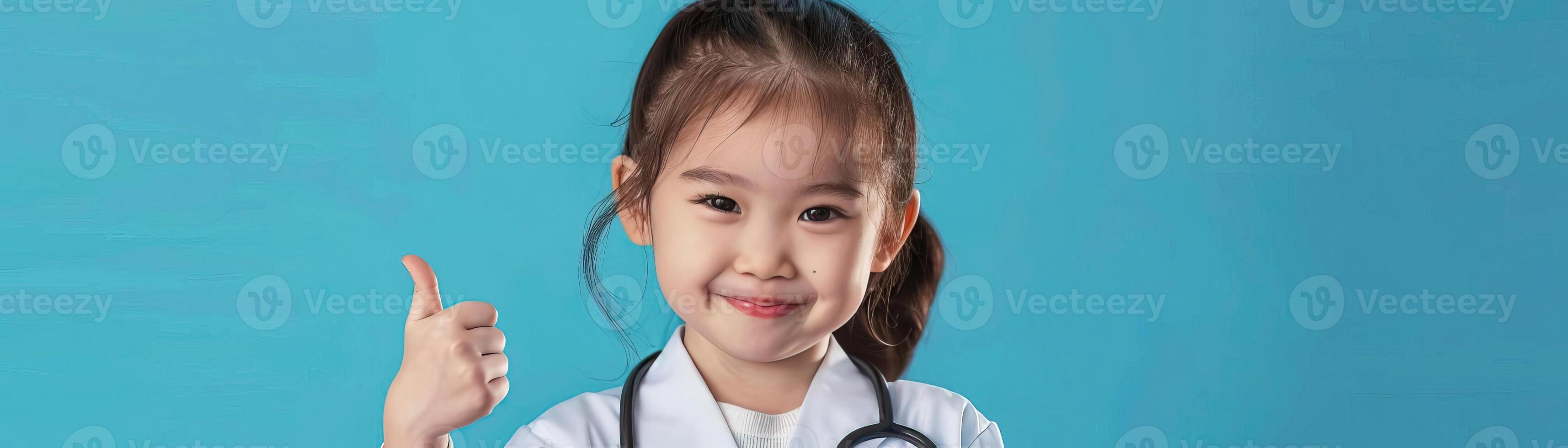 Portrait photography of a cute little professional, smiling cute little Nurse Practitioner with a stethoscope, showing thumb-up, on Pale Blue color background, editorial style photo