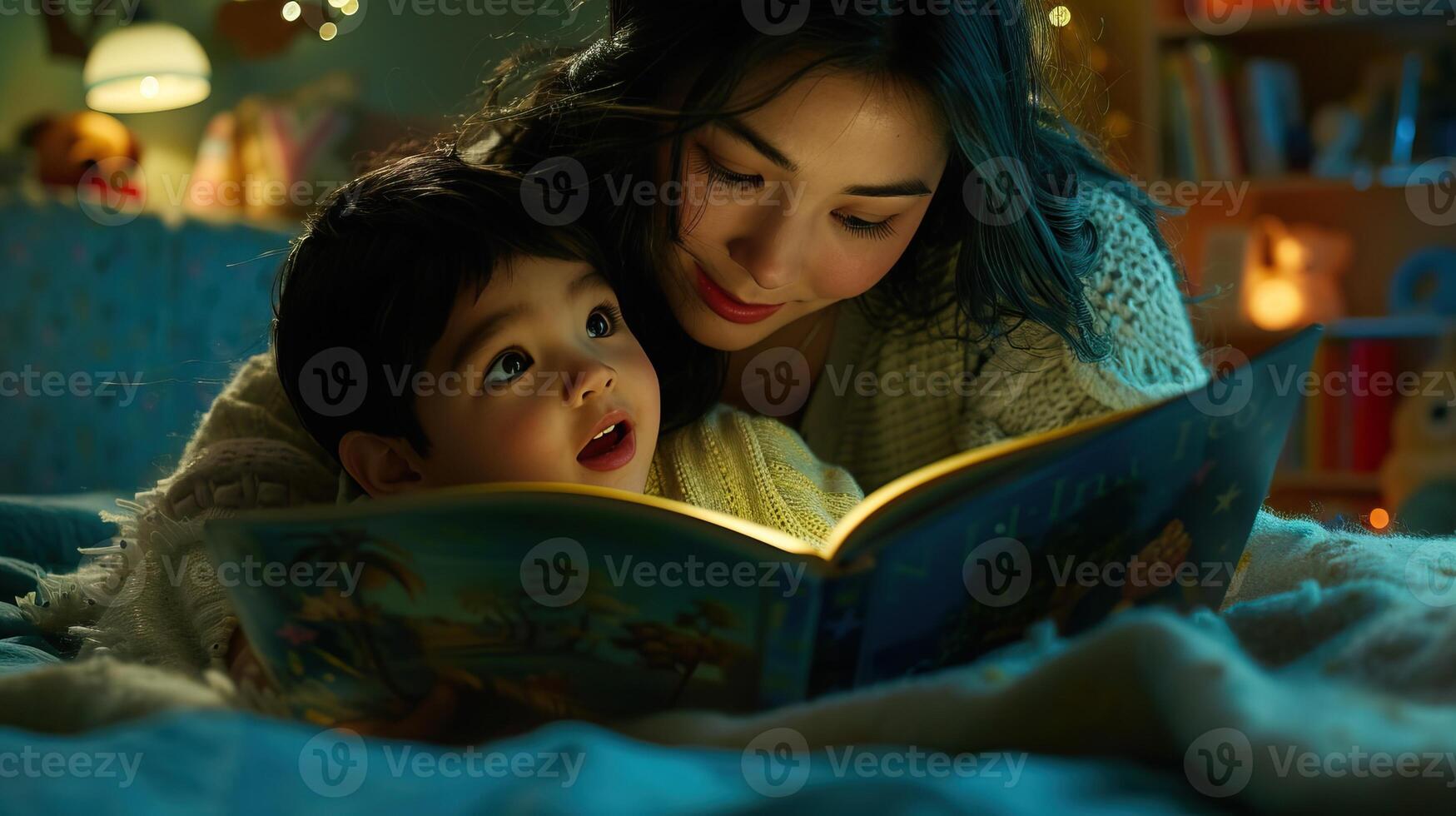 A mother reading a book to her child at bedtime, both nestled under a cozy blanket. The child's eyes are wide with wonder photo