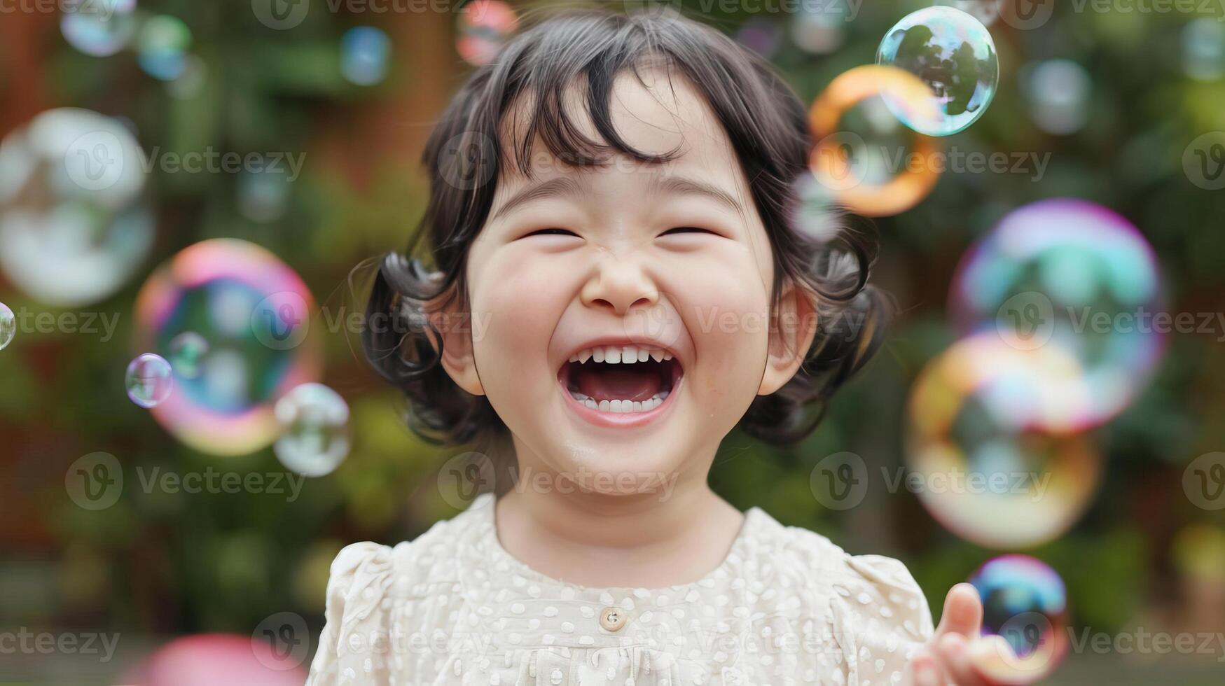 A child laughing while chasing bubbles in a park, capturing the joy of spontaneous play, Candid Moments, editorial photography, empty copy space on the right photo