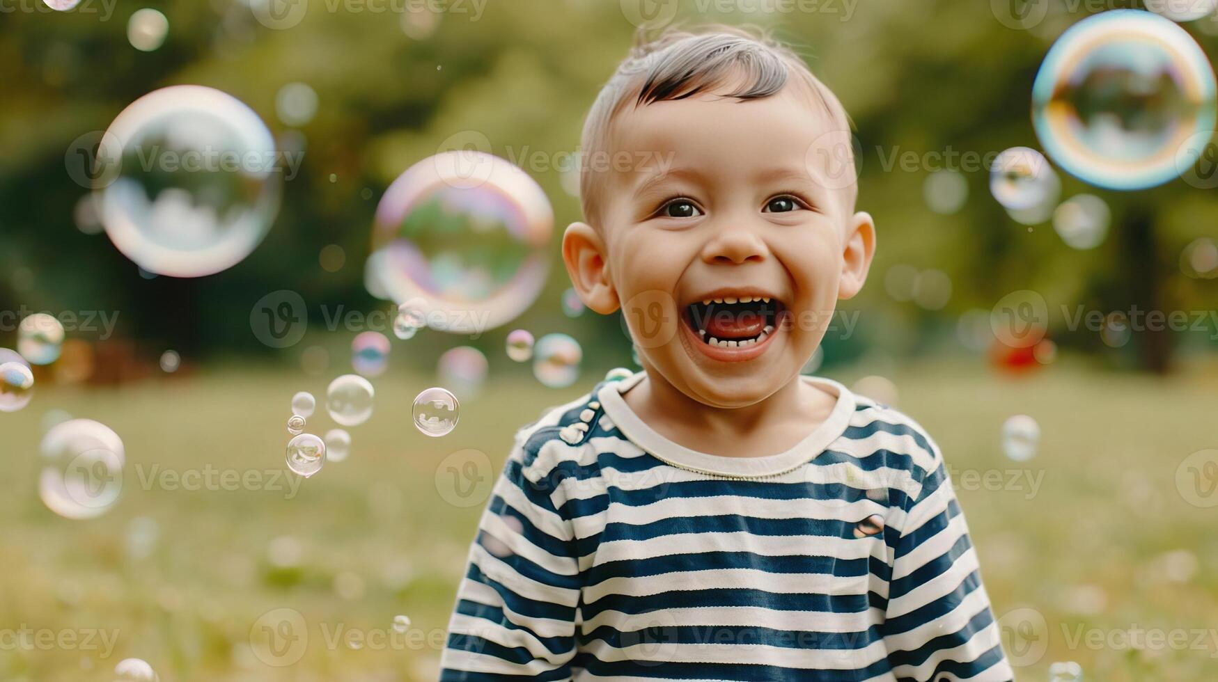 A child laughing while chasing bubbles in a park, capturing the joy of spontaneous play, Candid Moments, editorial photography, empty copy space on the right photo