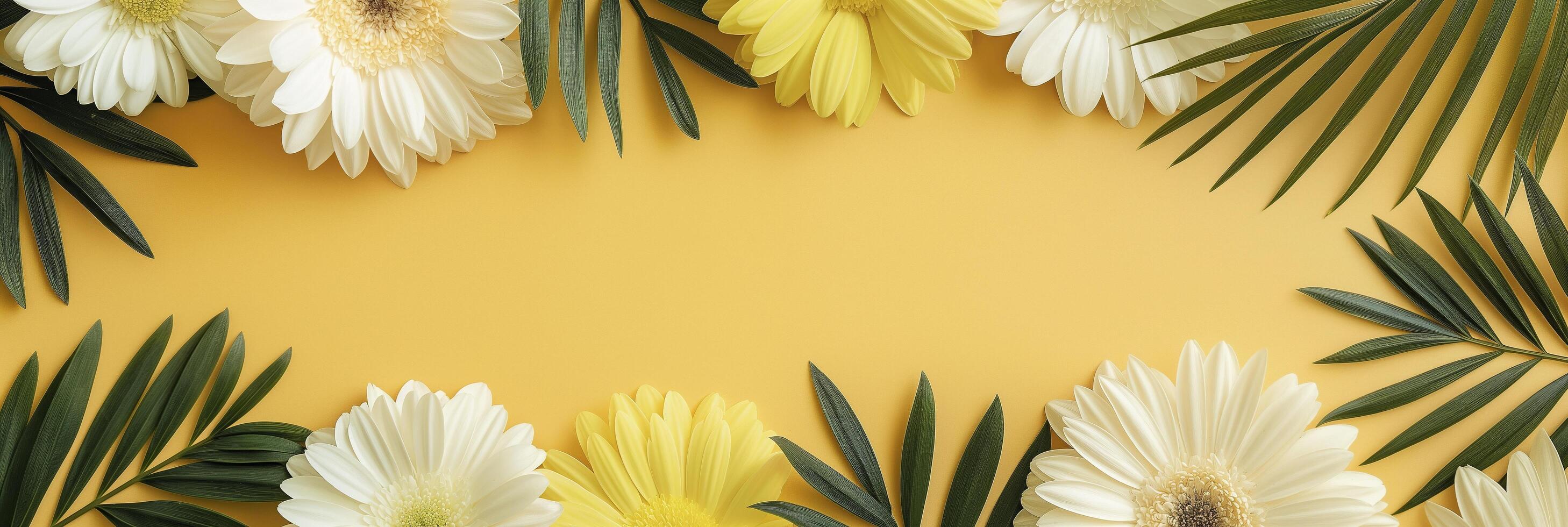 A yellow and white flower arrangement with green leaves photo