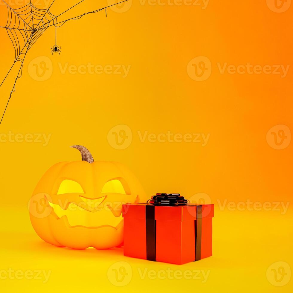 Halloween background concept with Jack o lantern, orange gift box and spider web on orange background and copy space. 3d render. photo