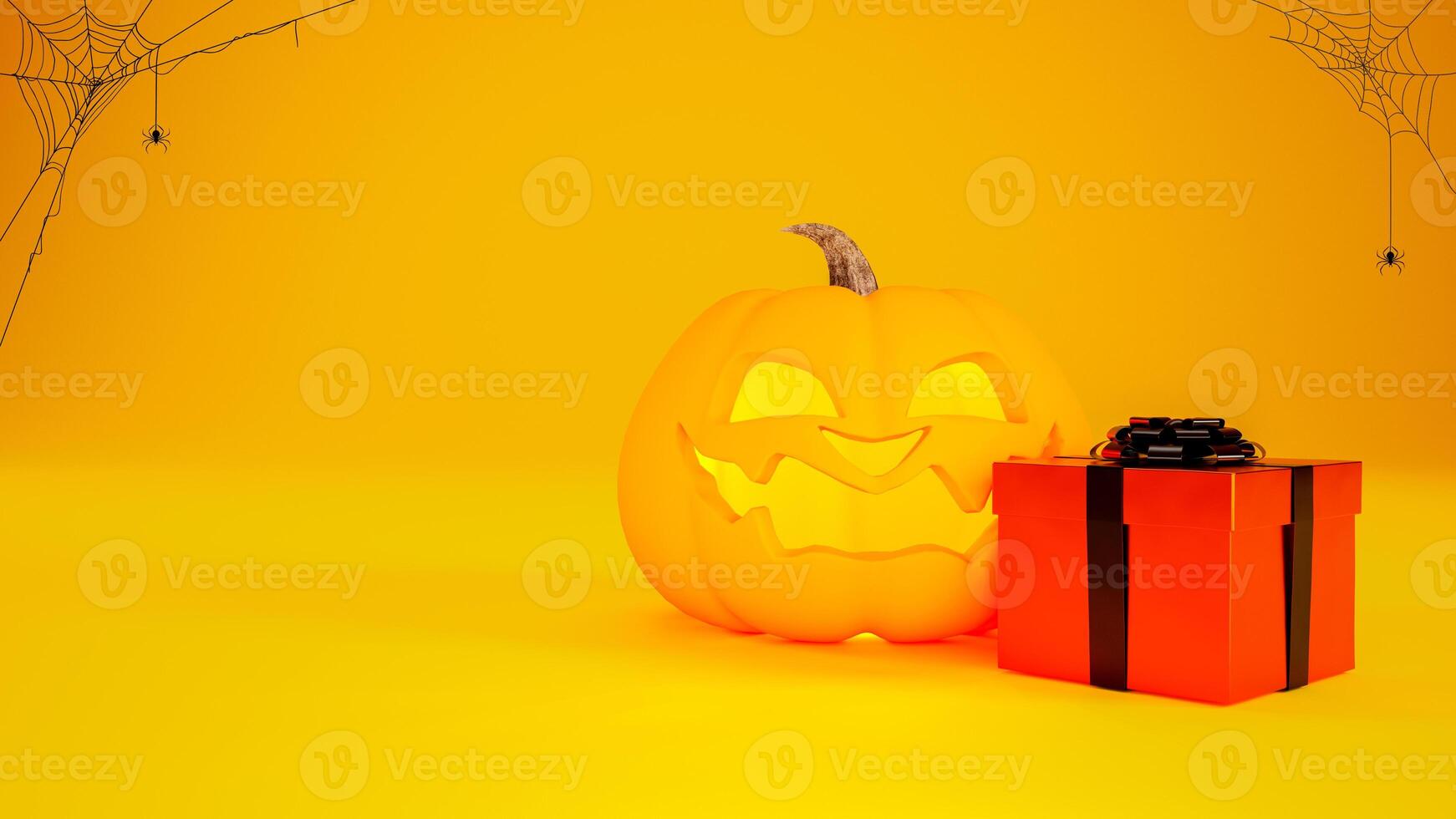 Halloween background concept with Jack o lantern, orange gift box and spider web on orange background and copy space. 3d render. photo