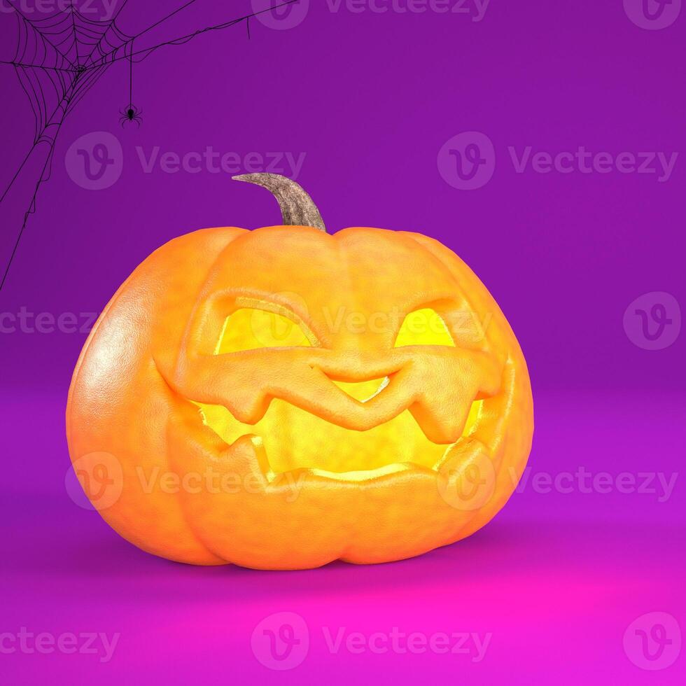 Halloween background with Jack o lantern abd spider web. Halloween pumpkin smiles on purple background with copy space. 3d rendering. photo