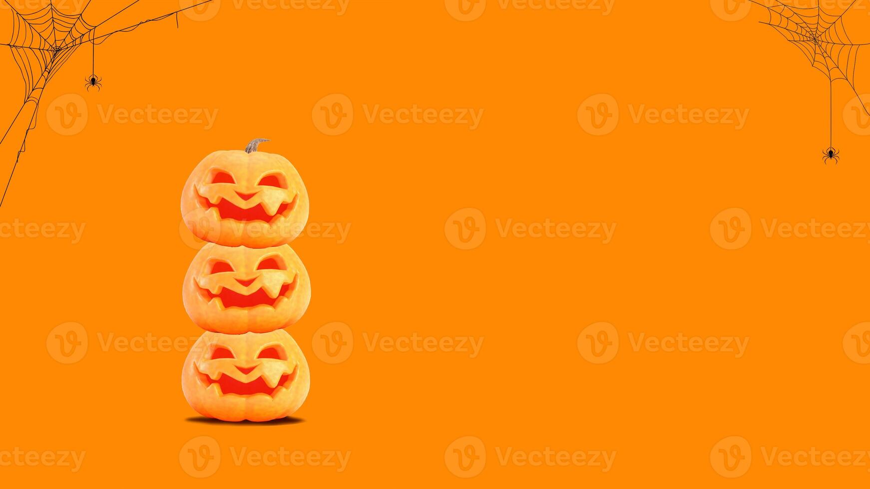 Halloween pumpkins on orange background with spider web and copy space. Funny Jack o lanterns on Halloween background. 3d rendering. photo