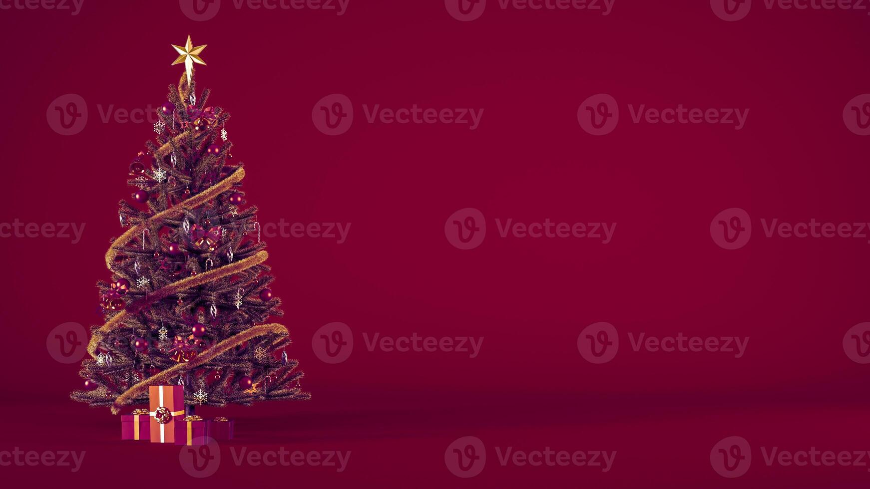 Christmas tree with ornaments, gift boxes and copy space on burgundy background. Christmas background concept with ornaments and presents for social media post design 3d rendering illustration. photo