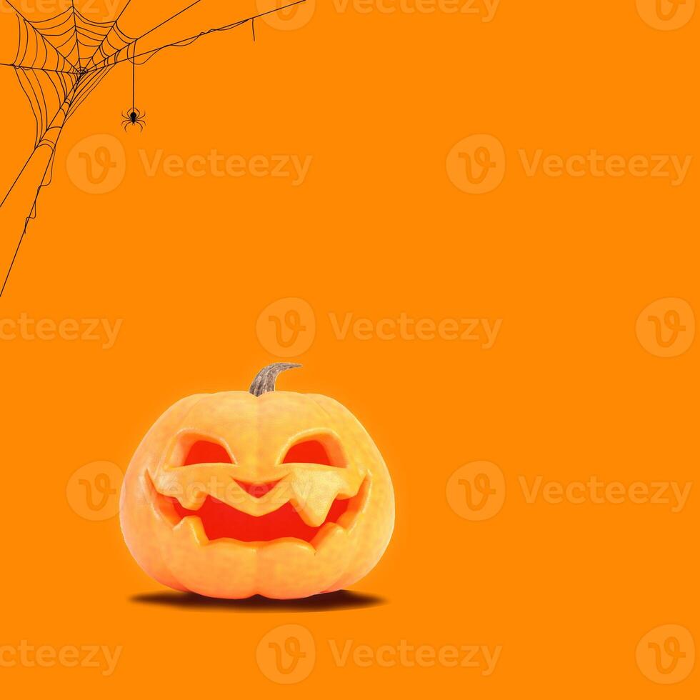 Halloween pumpkin smiles on orange background with spider web and copy space. Funny Jack o lantern Halloween background. 3d rendering. photo