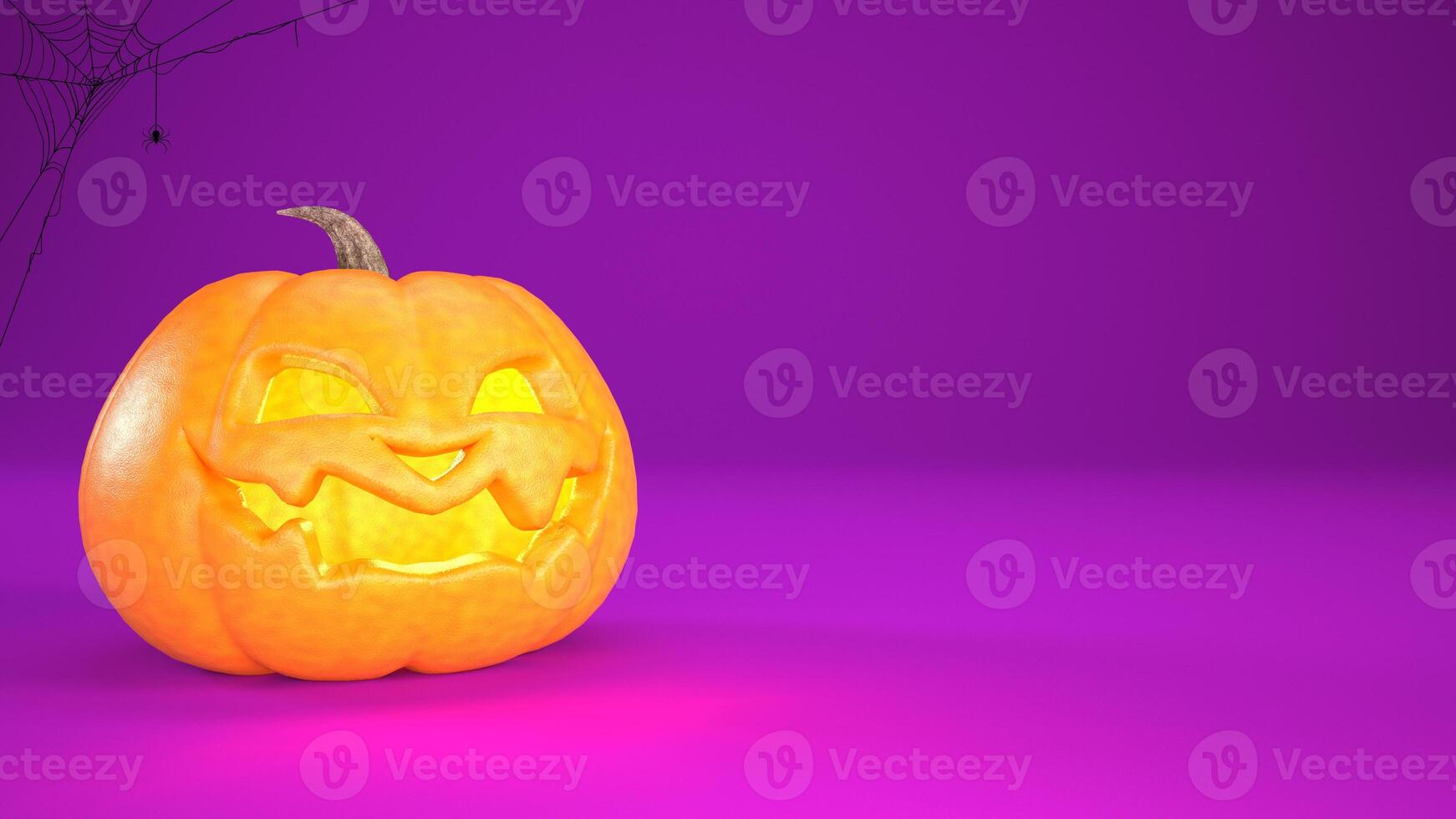 Halloween background with Jack o lantern abd spider web. Halloween pumpkin smiles on purple background with copy space. 3d rendering. photo