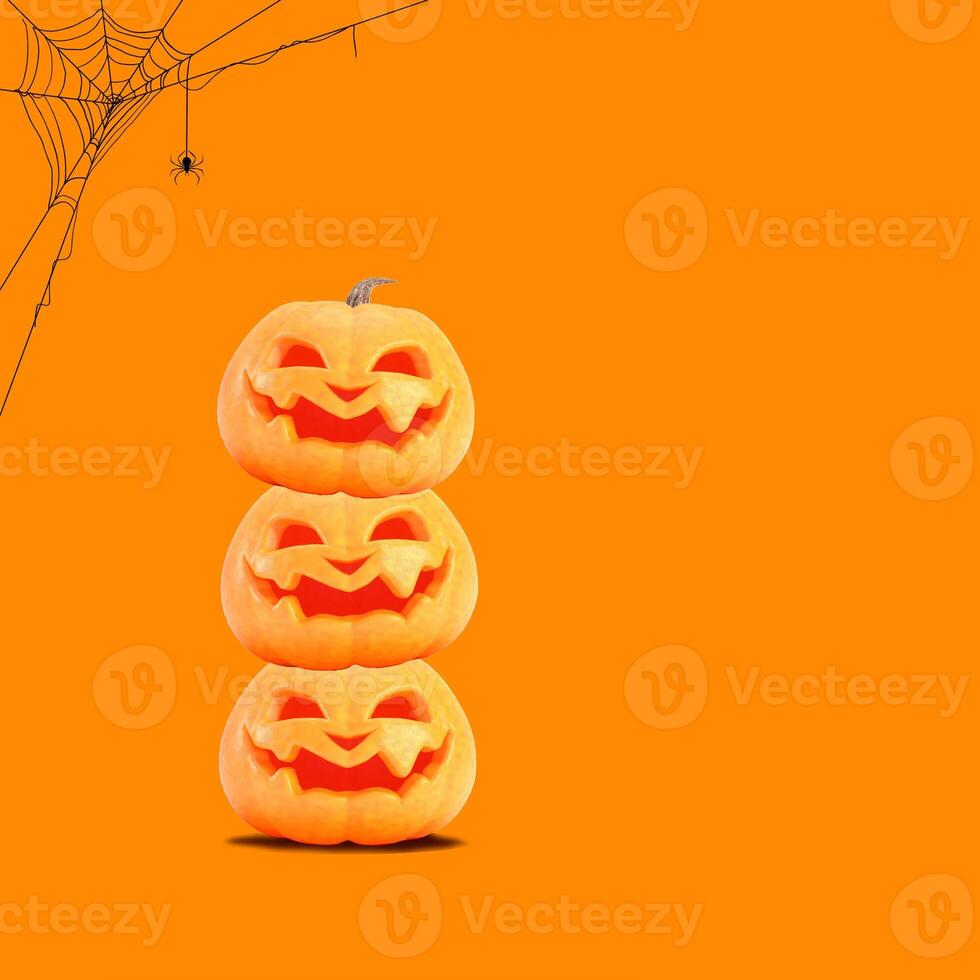 Halloween background with pumpkins, spider web and copy space. Funny Jack o lanterns on Halloween background. 3d rendering. photo