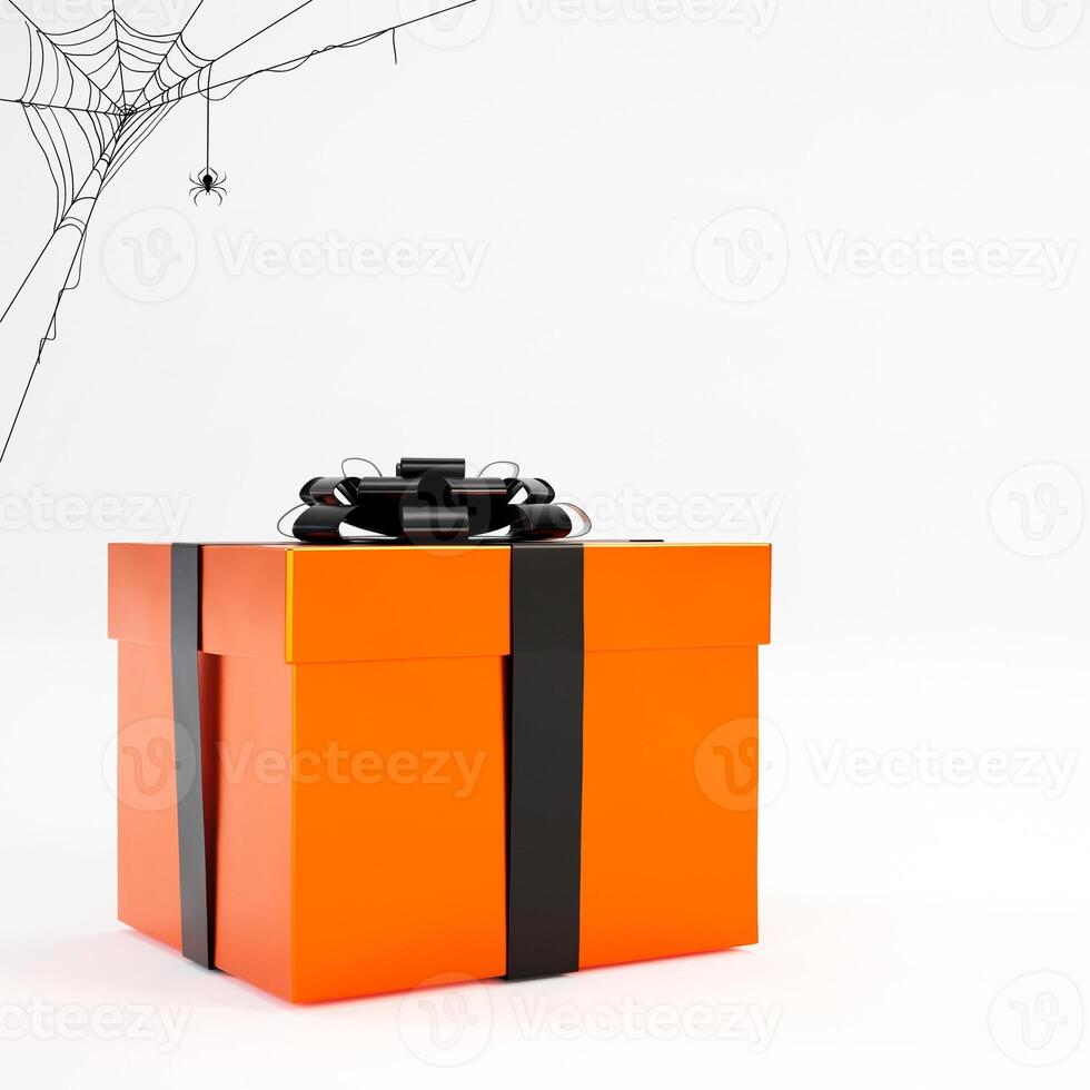Halloween orange gift box with spider web on white background and copy space. 3d render. photo