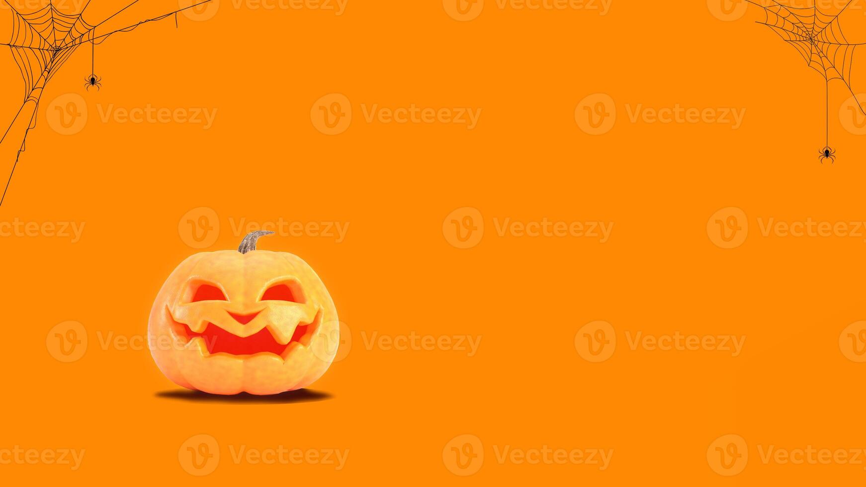 Halloween pumpkin smiles on orange background with spider web and copy space. Funny Jack o lantern Halloween background. 3d rendering. photo