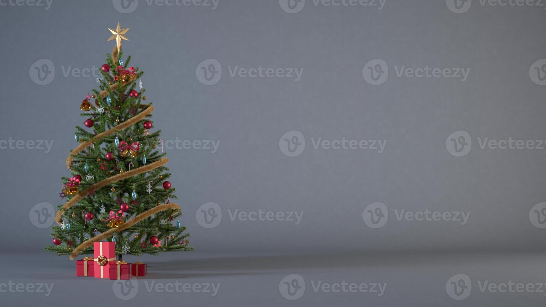 Christmas tree on dark grey background decorated with red and gold ornaments, presents and copy space. Christmas background concept for header or banner design 3d render illustration. photo