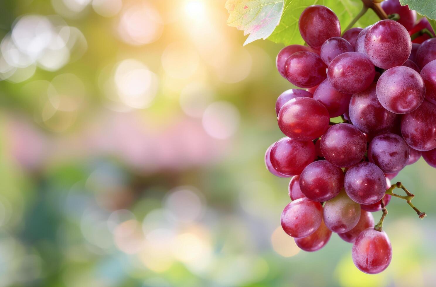 Bunch of Ripe Red Grapes Hanging From a Vine in Sunny Vineyard photo