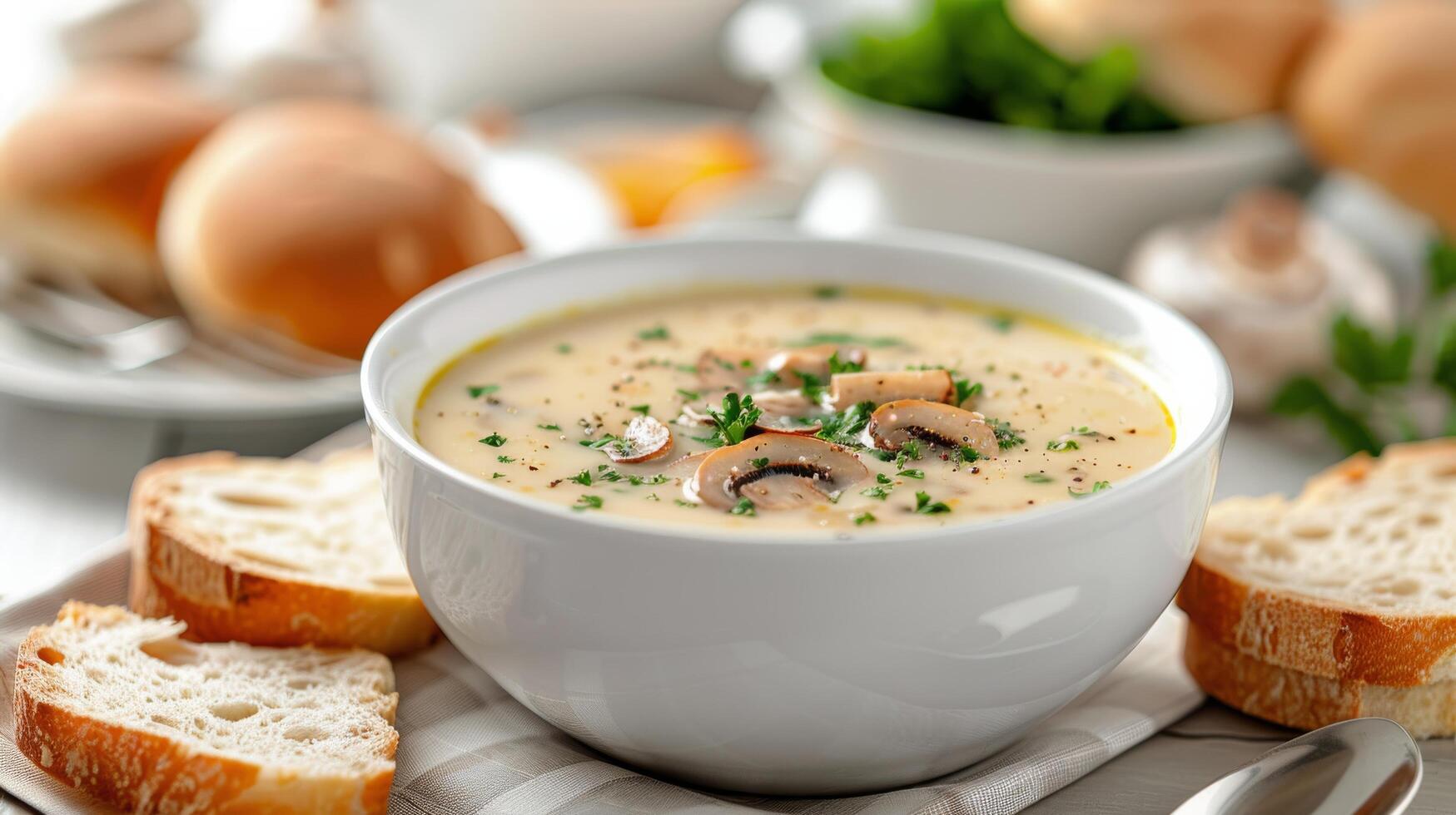Creamy Mushroom Soup Served With Fresh Bread on a Rustic Table photo
