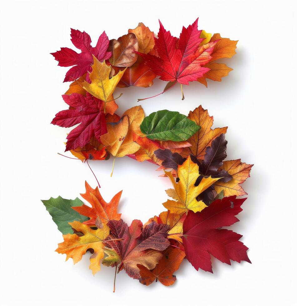 Five Shaped Arrangement of Colorful Autumn Leaves on White Background photo