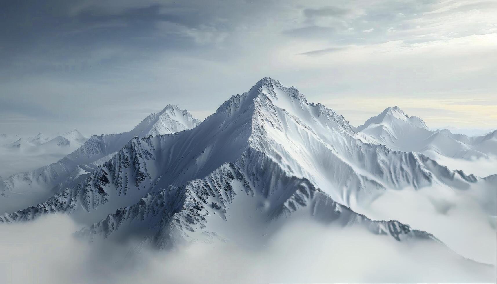 Snow-Capped Mountains Amidst Fog in Early Morning Light photo