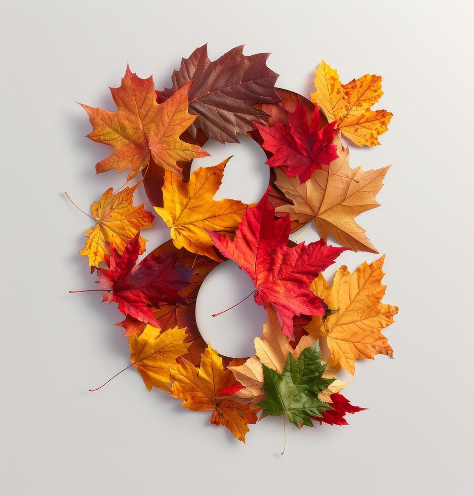 Colorful Autumn Leaves Formed Into the Number Eight on White Background photo